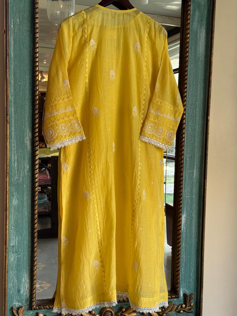 Yellow Mulmul Pearl White Chikankari Ready to Wear Kurta Set