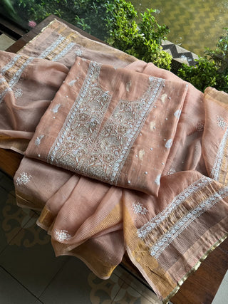 Almond Peach Shade Banarasi Zari Chanderi Unstitched Chikankari Fabric