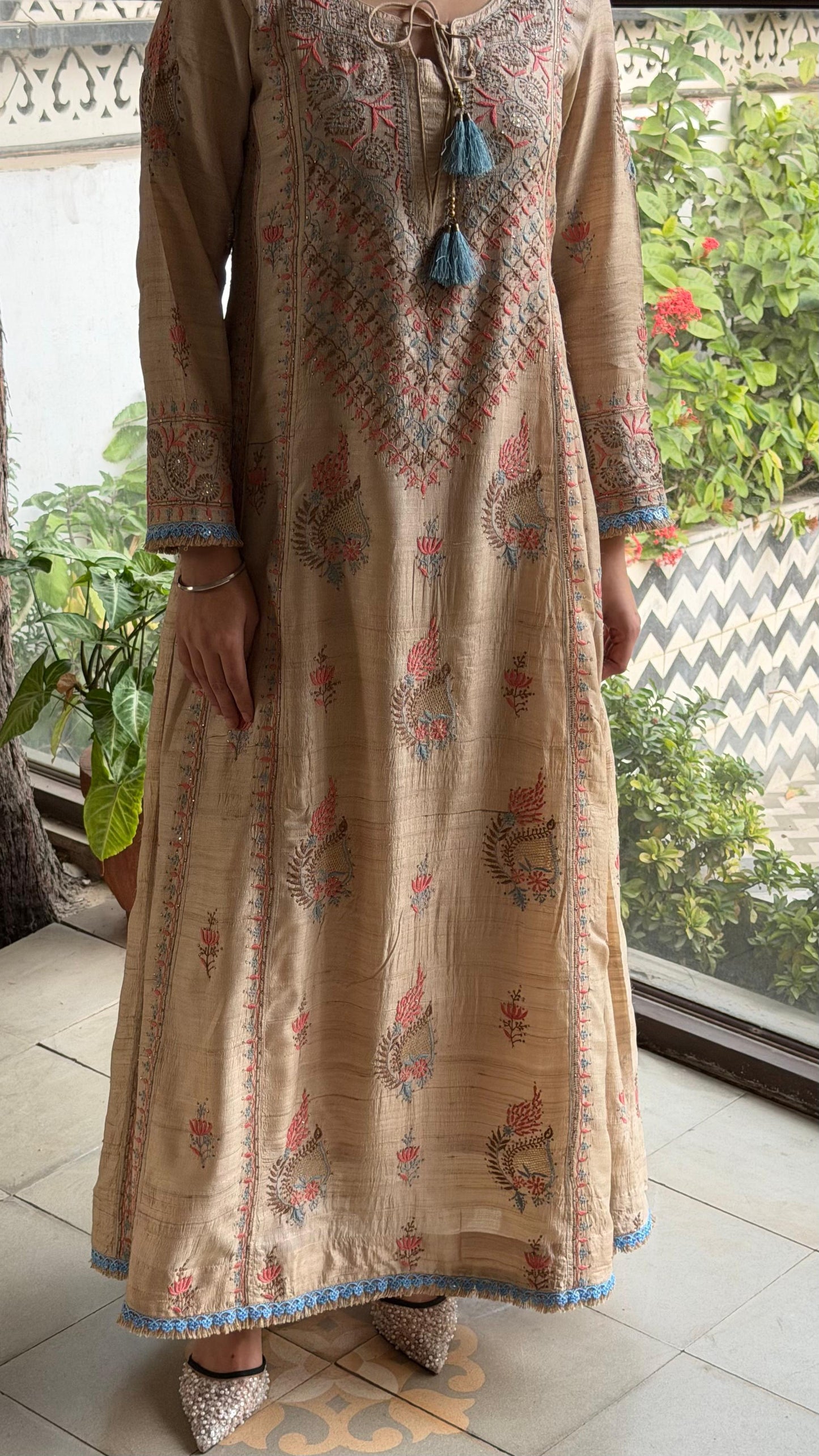 Basak Blue & Peach Natural Tussar Silk Kalidar Chikankari Kurta Set