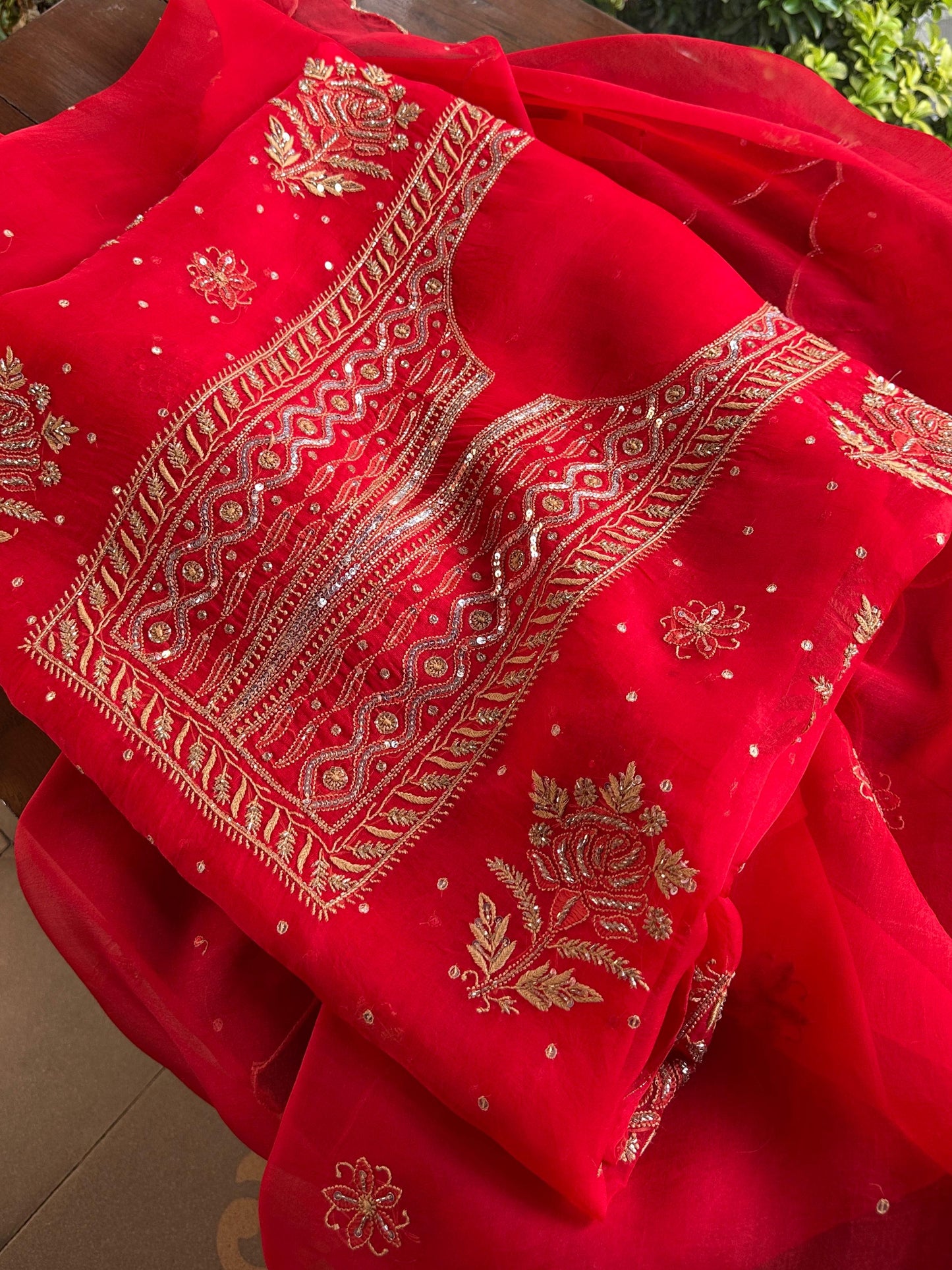 Red Noor Organza Silk Chikankari Unstitched Kurta Dupatta Set