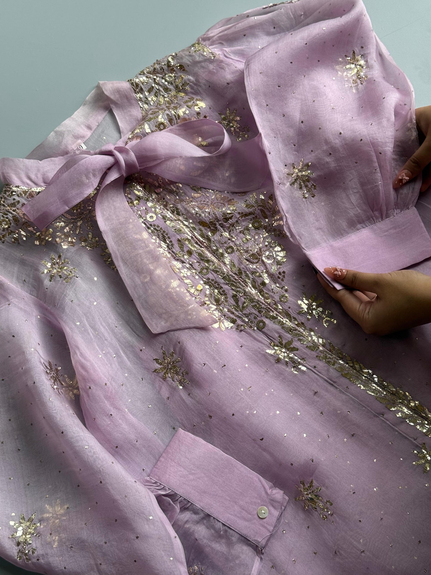 Lavender Noor Organza Mukaish Badla Short Top With Bow Tie