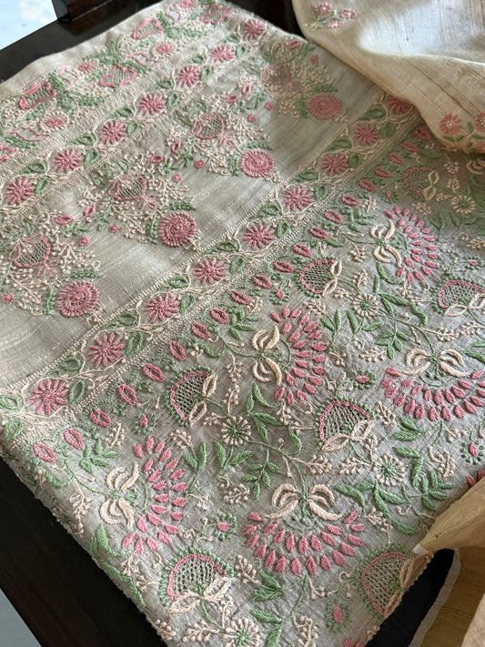 Natural Beige Tussar Silk Chikankari Fabric