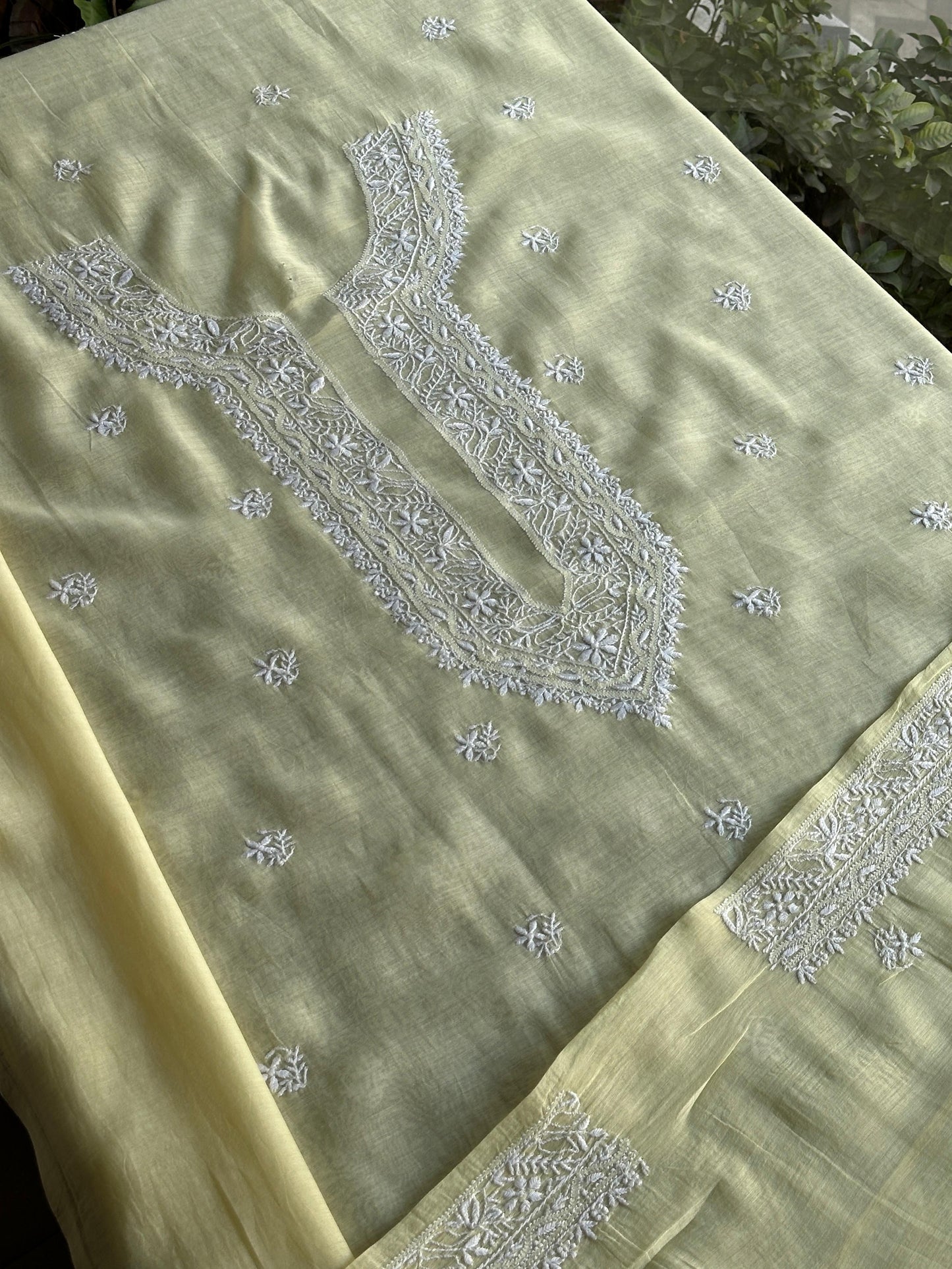 Lemon Yellow Mulmul Chikankari Unstitched Men's Kurtas Fabric