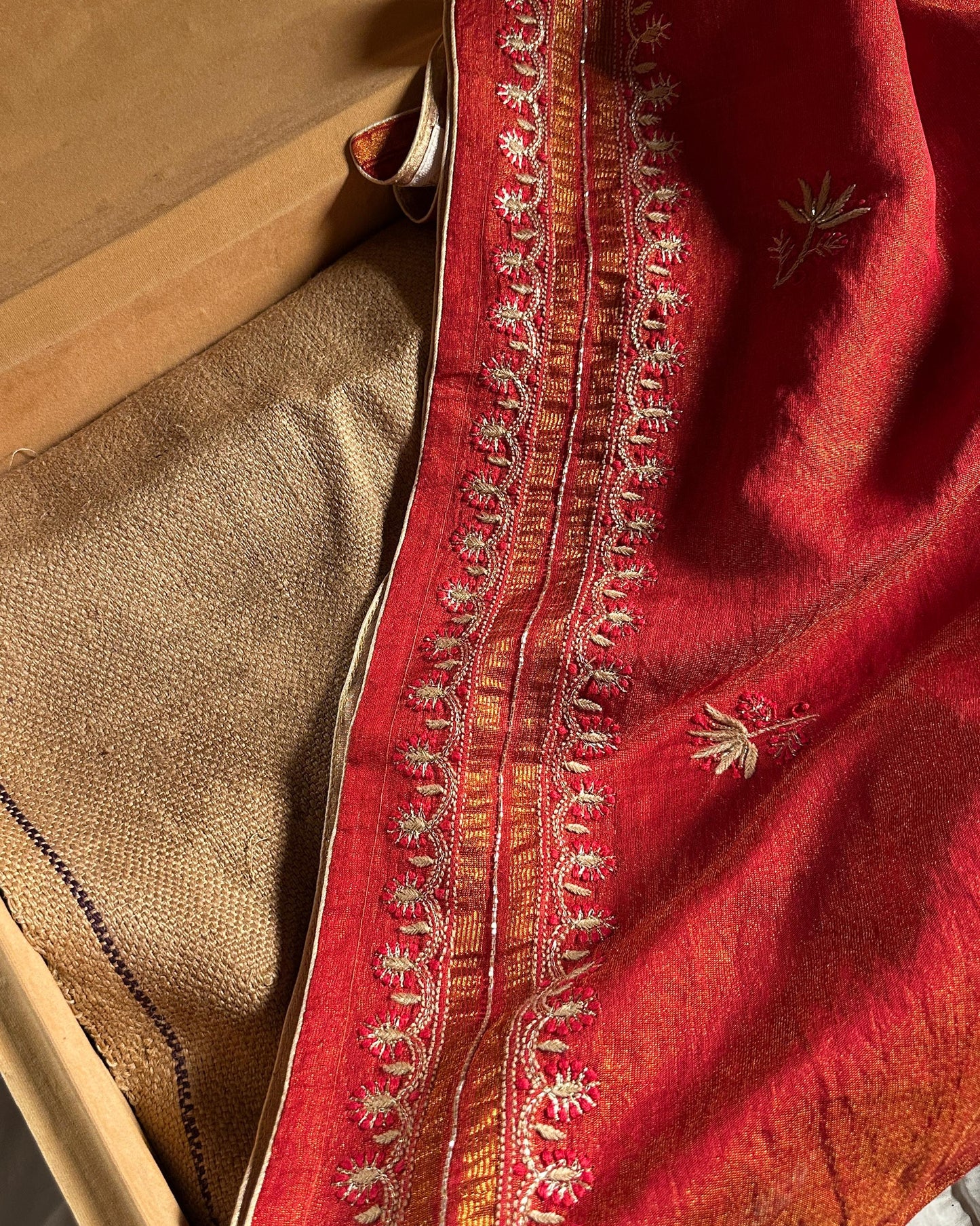 Red Tissue Silk Chikankari Unstitched Fabric