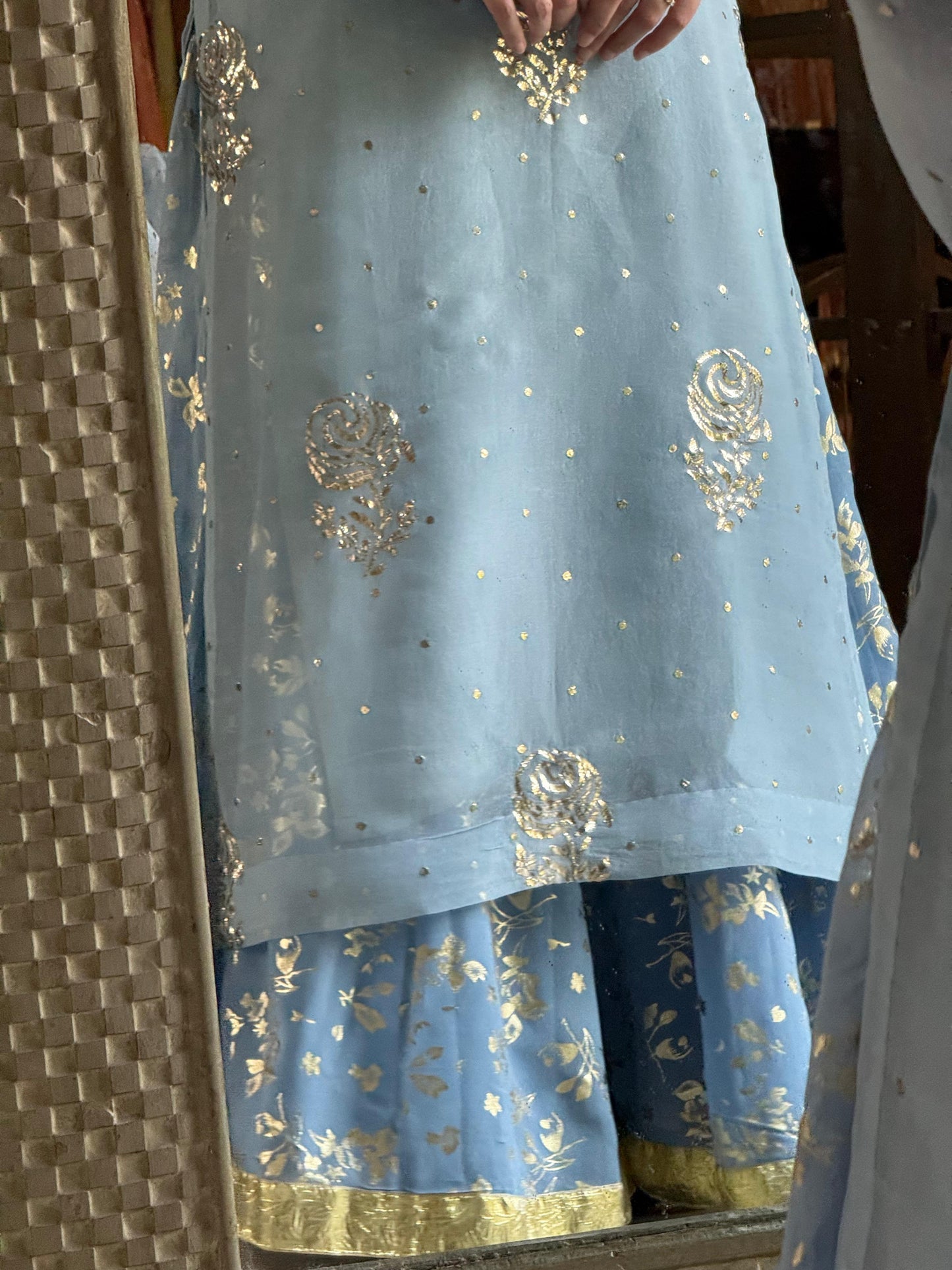 Powder Blue Foil Print Organza Chikankari Ready to Wear Sharara Set