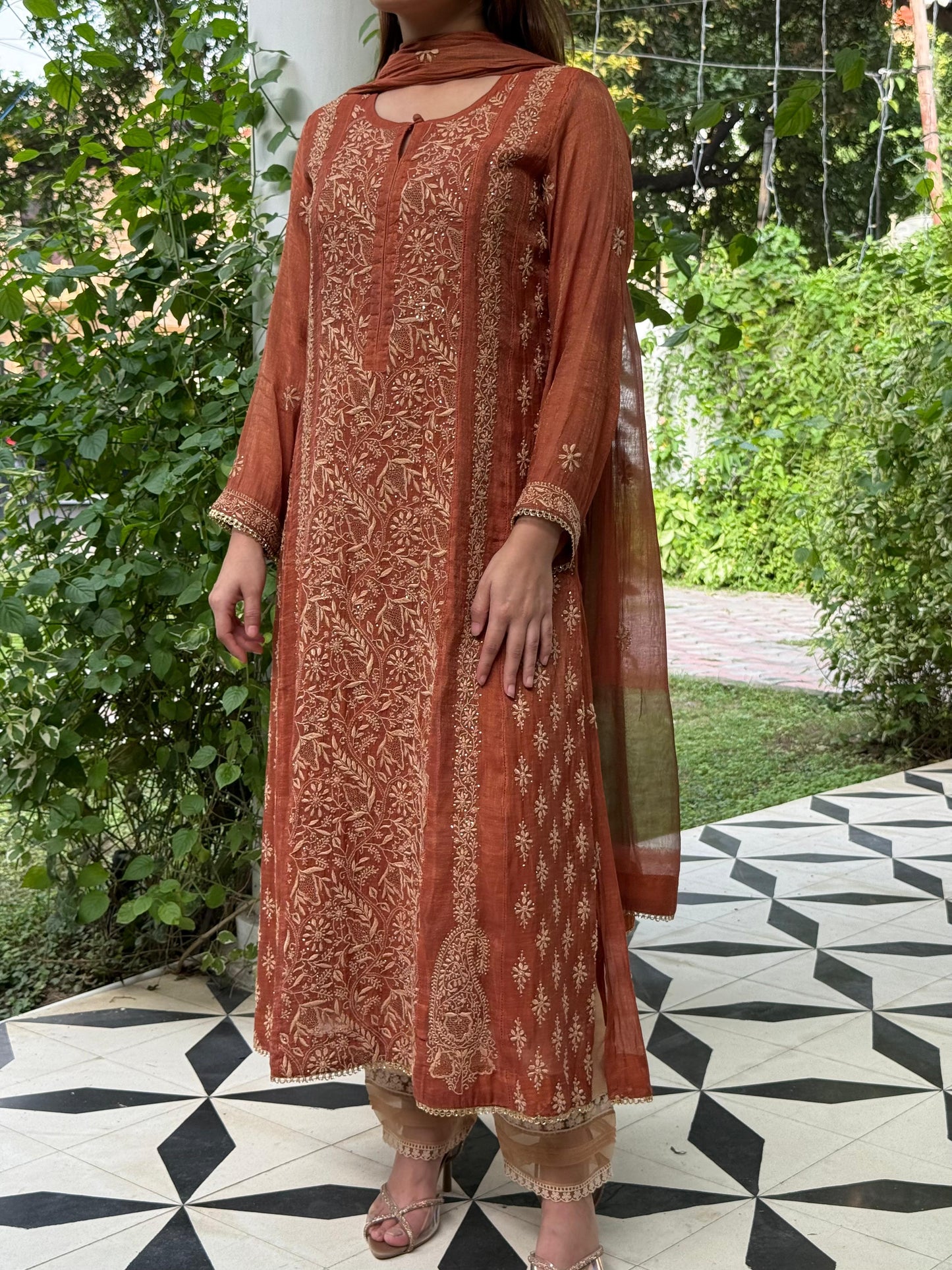 Rust Orange Tissue Silk Chikankari Straight Cut Kurta Dupatta Set
