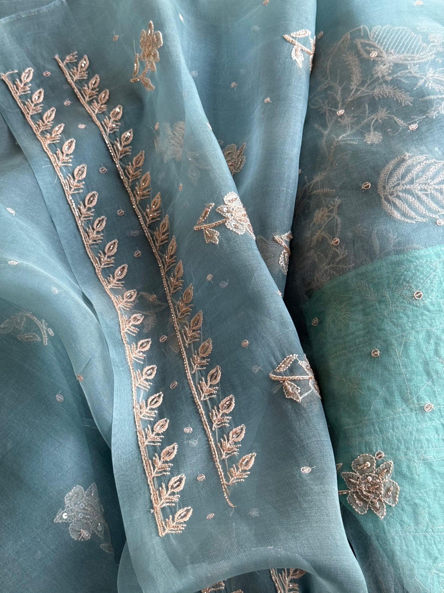 Pastel Shade Noor Organza Silk Chikankari Unstitched Kurta Dupatta Set