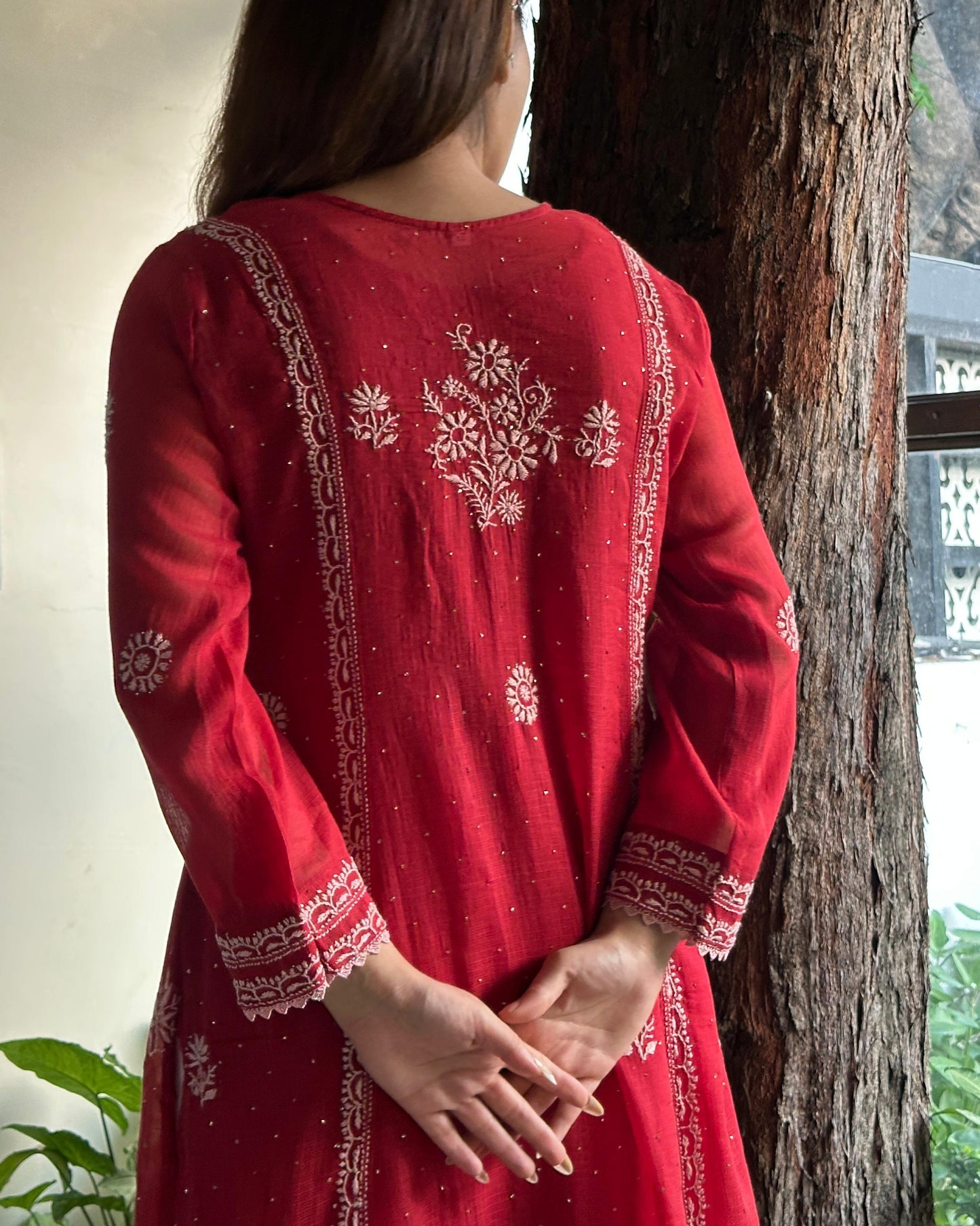 Red Kota Chikankari with Mukaish Kamdani Tunics