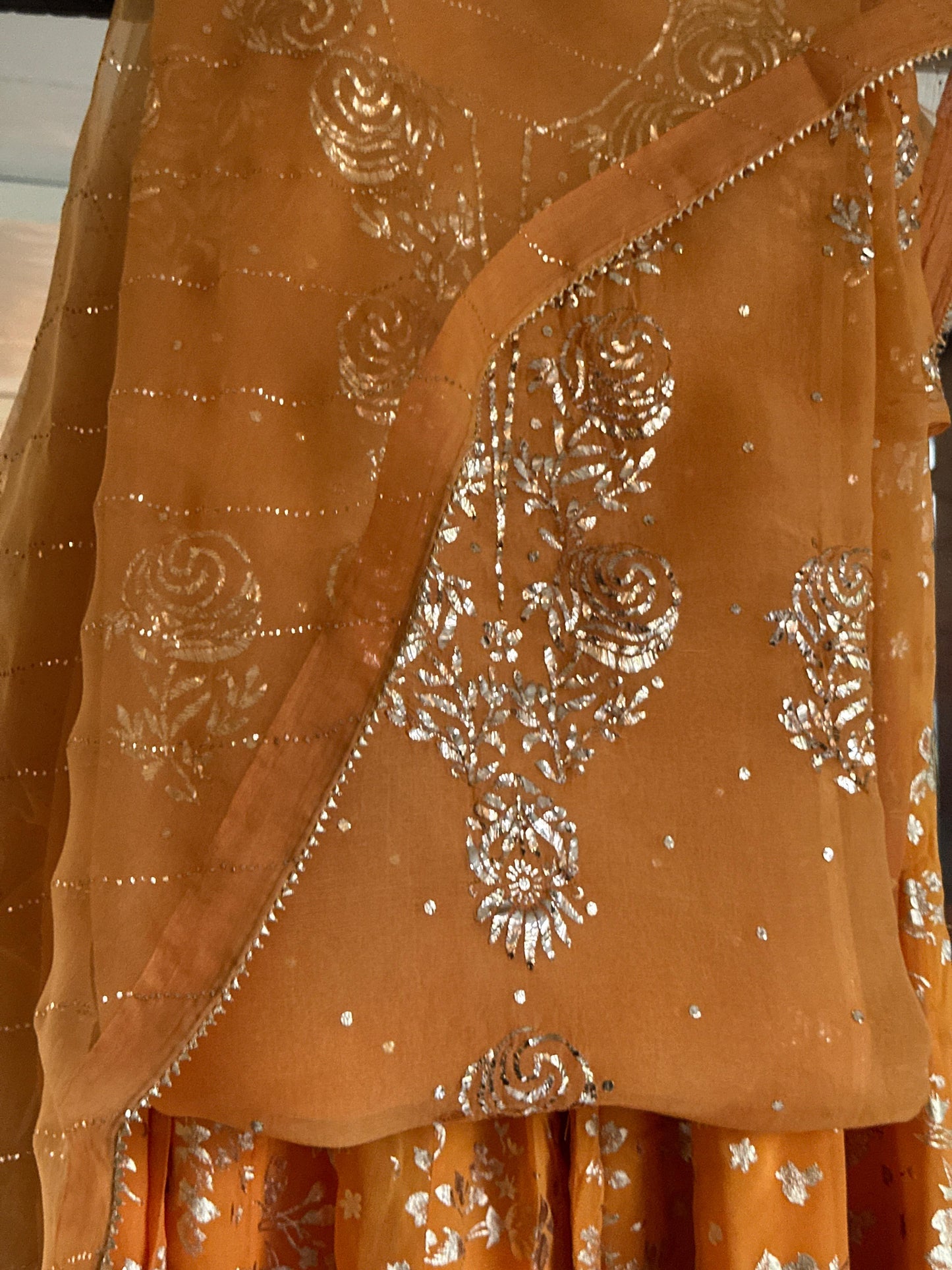 Saffron Shade Foil Print Organza Chikankari Sharara Set