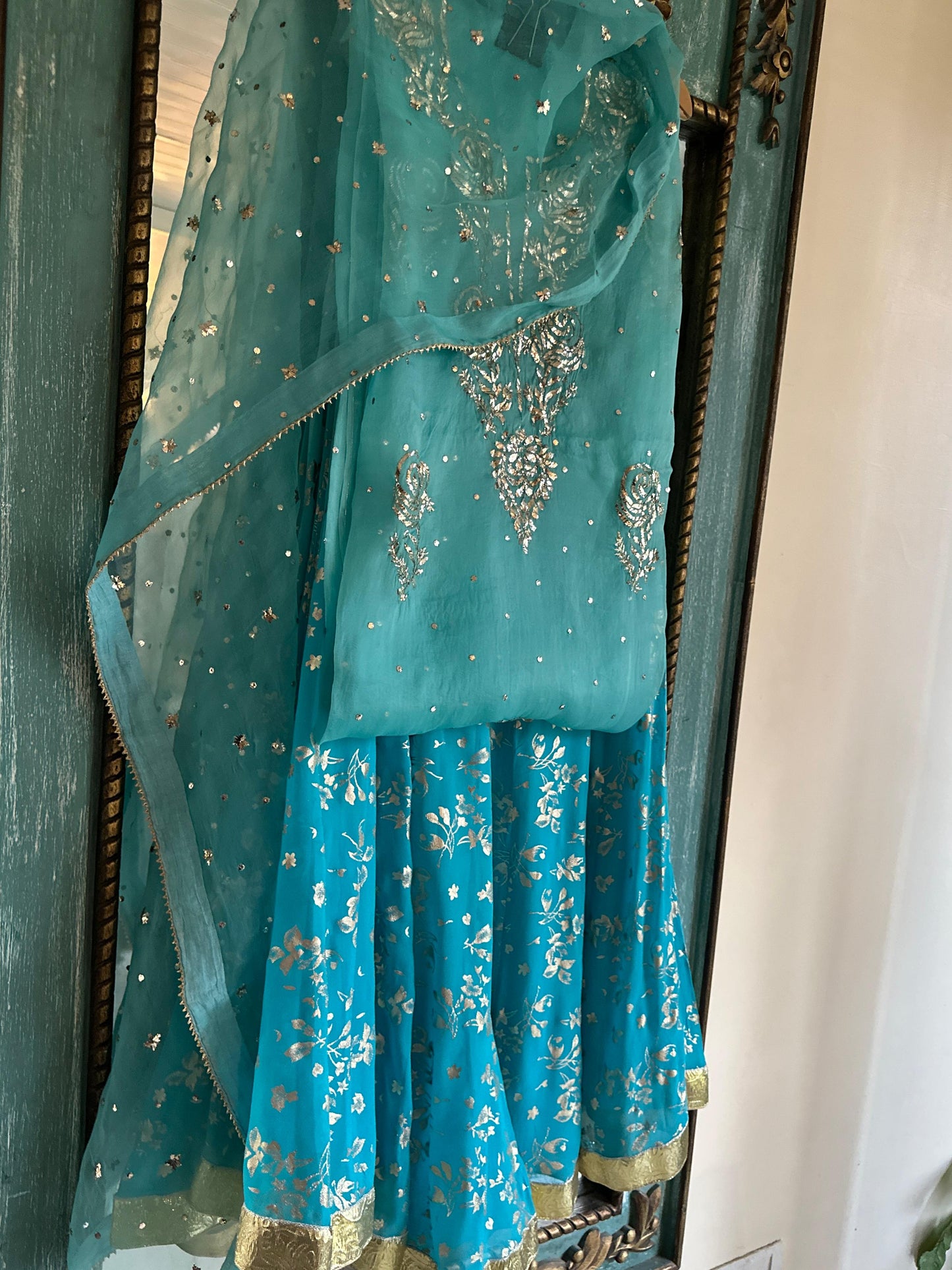Aqua Blue Foil Print Organza Chikankari Sharara Set