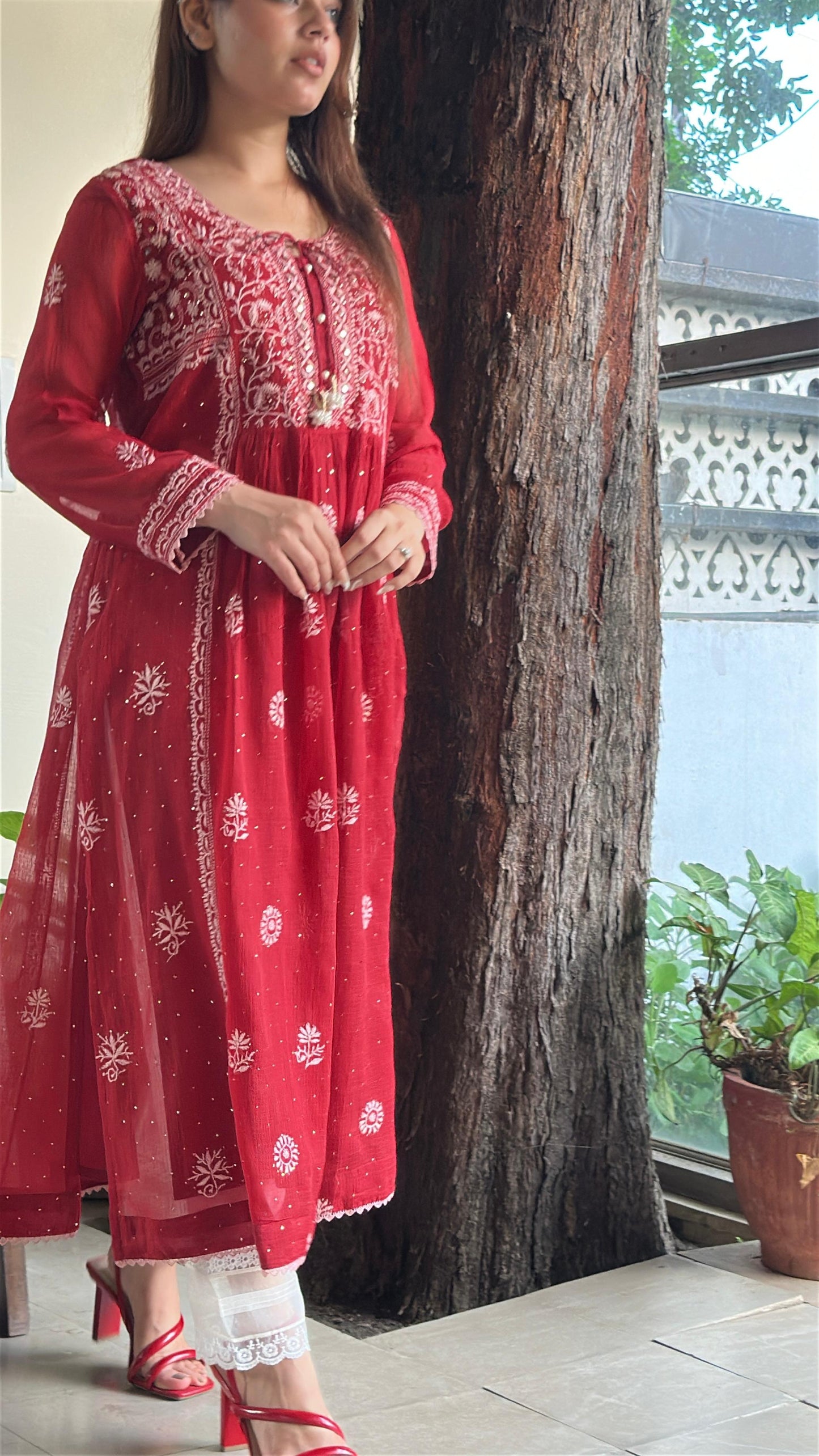 Red Kota Chikankari with Mukaish Kamdani Tunics