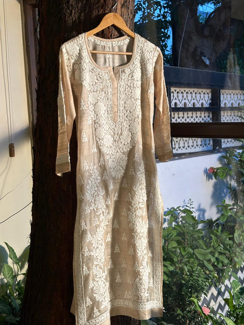 Natural Tussar Silk Chikankari Ready to Wear Straight Kurta
