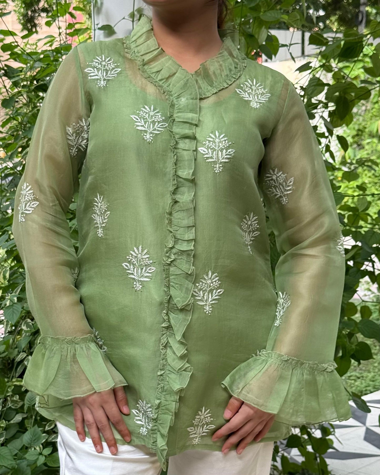 Pista Green Noor Organza Frill Lace With Resham Chikankari Short Top