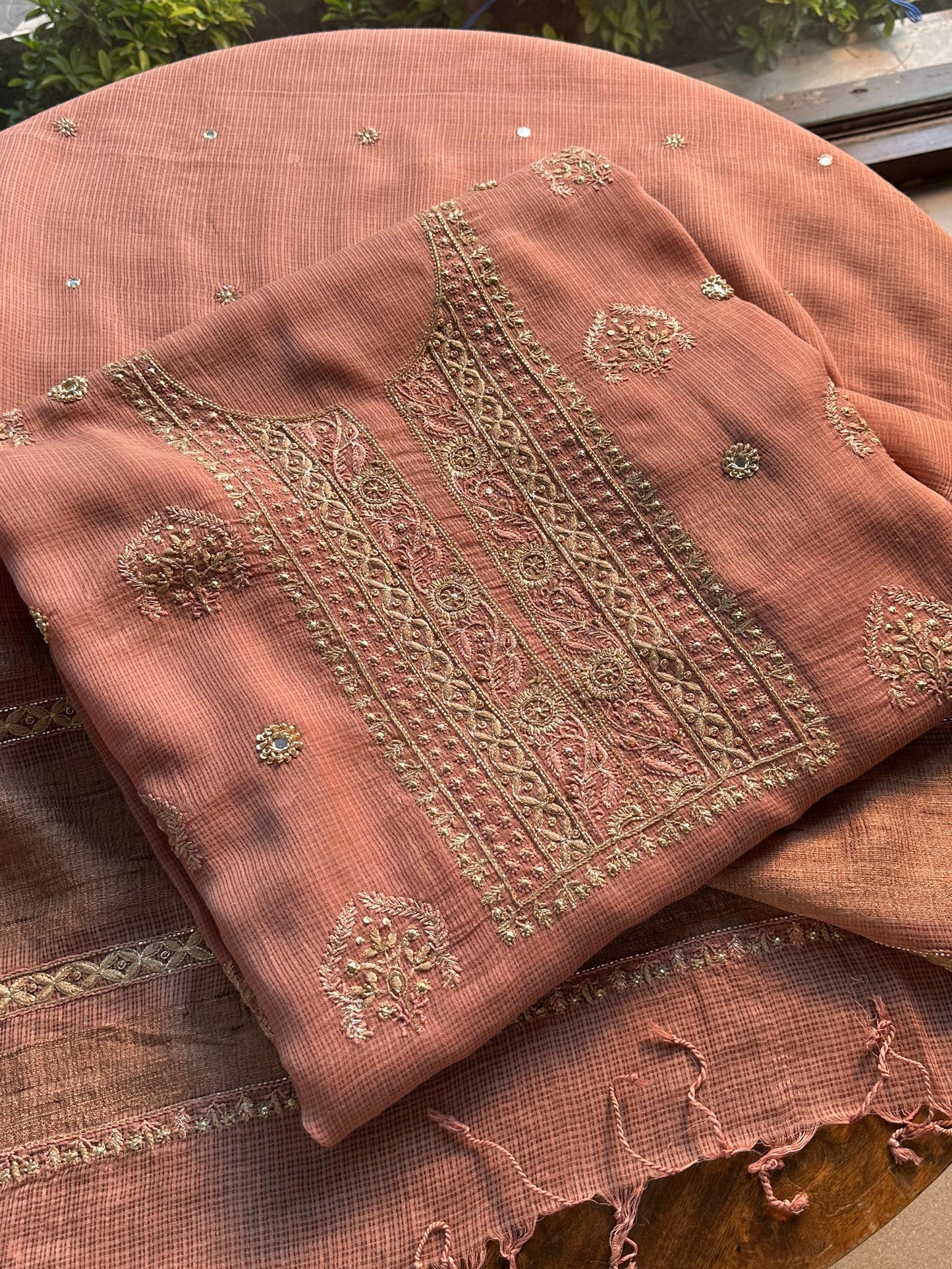 Old Rose Handloom Kota Chikankari With Mirror Work Unstitched Kurta Dupatta Set