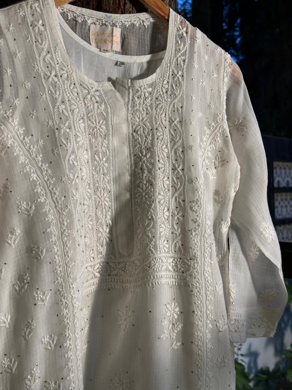 White Floral Kota Chikankari Ready To Wear Straight Kurta With Slip
