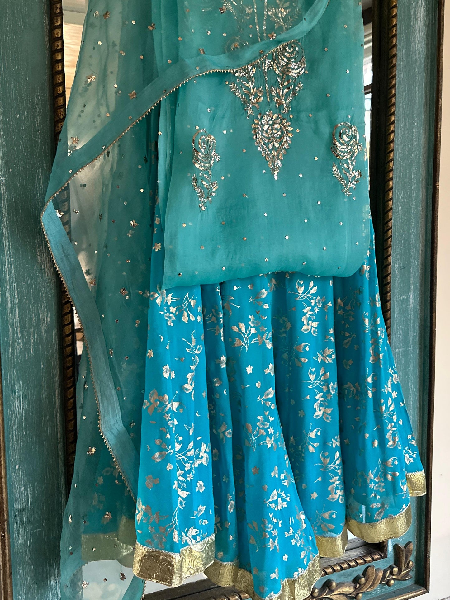Aqua Blue Foil Print Organza Chikankari Sharara Set