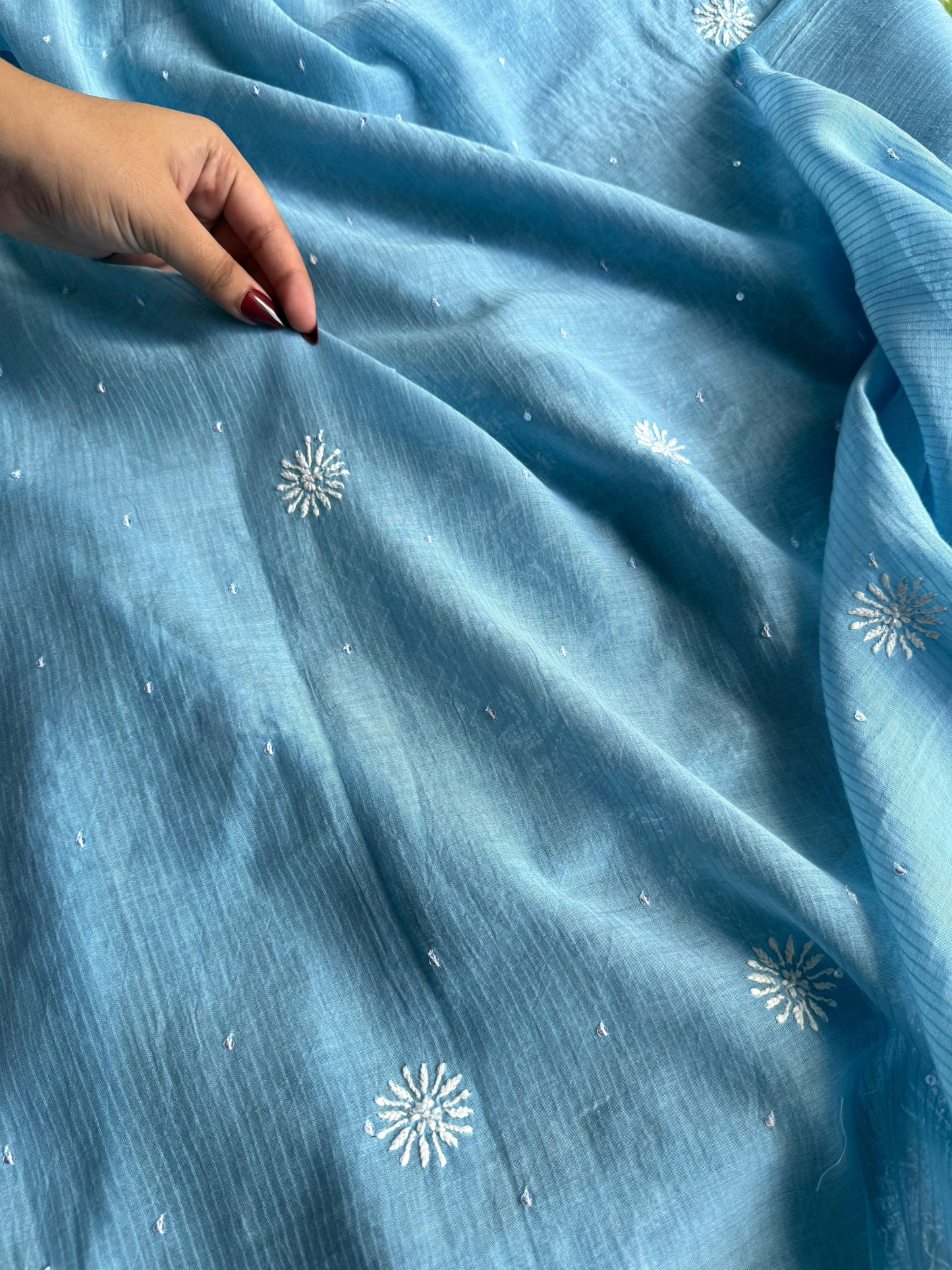 Blue Maheshwari Pearl Work Chikankari Unstitched Fabrics
