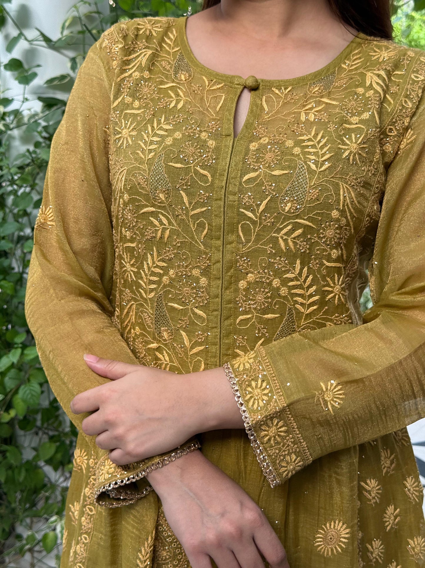 Fern Green Tissue Silk Chikankari Kalidar Kurta Dupatta Set
