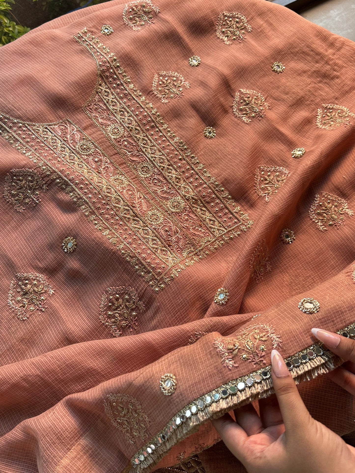 Old Rose Handloom Kota Chikankari With Mirror Work Unstitched Kurta Dupatta Set