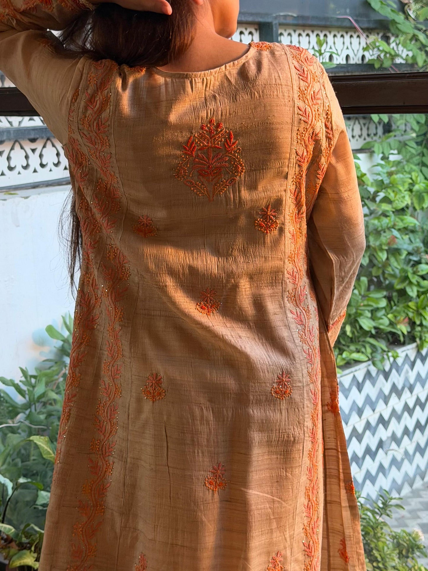 Basak Natural Tussar Silk Kalidar Chikankari Kurta Set
