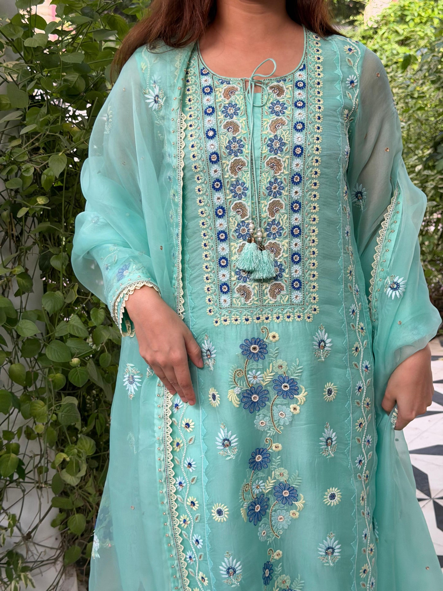Blue Shade Noor Organza Silk Chikankari Straight Cut Kurta Dupatta Set