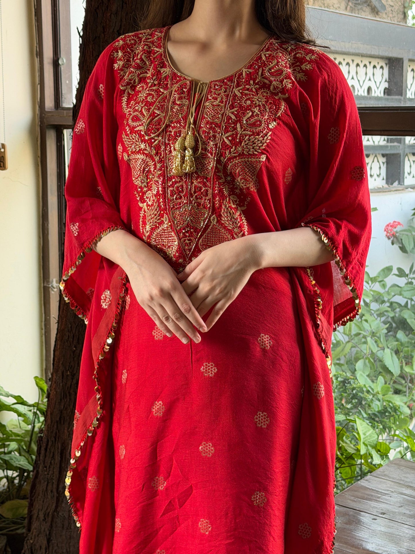Red Zari Chanderi Chikankari Kaftan