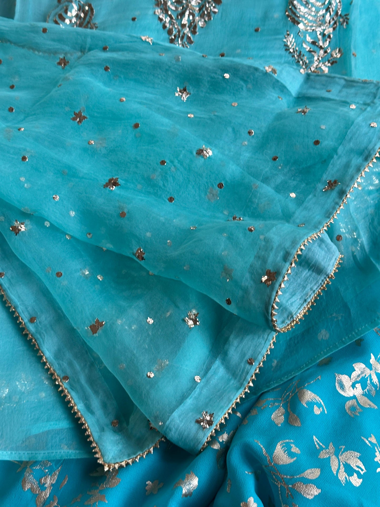 Aqua Blue Foil Print Organza Chikankari Sharara Set