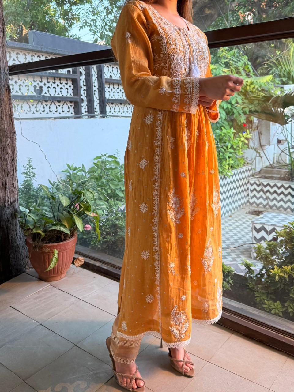 Tissue Silk Chikankari Angarkha With Ari & Beads Work