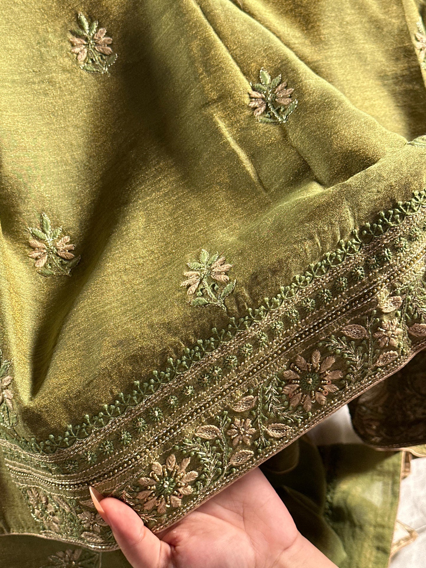 Green Tissue Silk Chikankari Unstitched Fabric