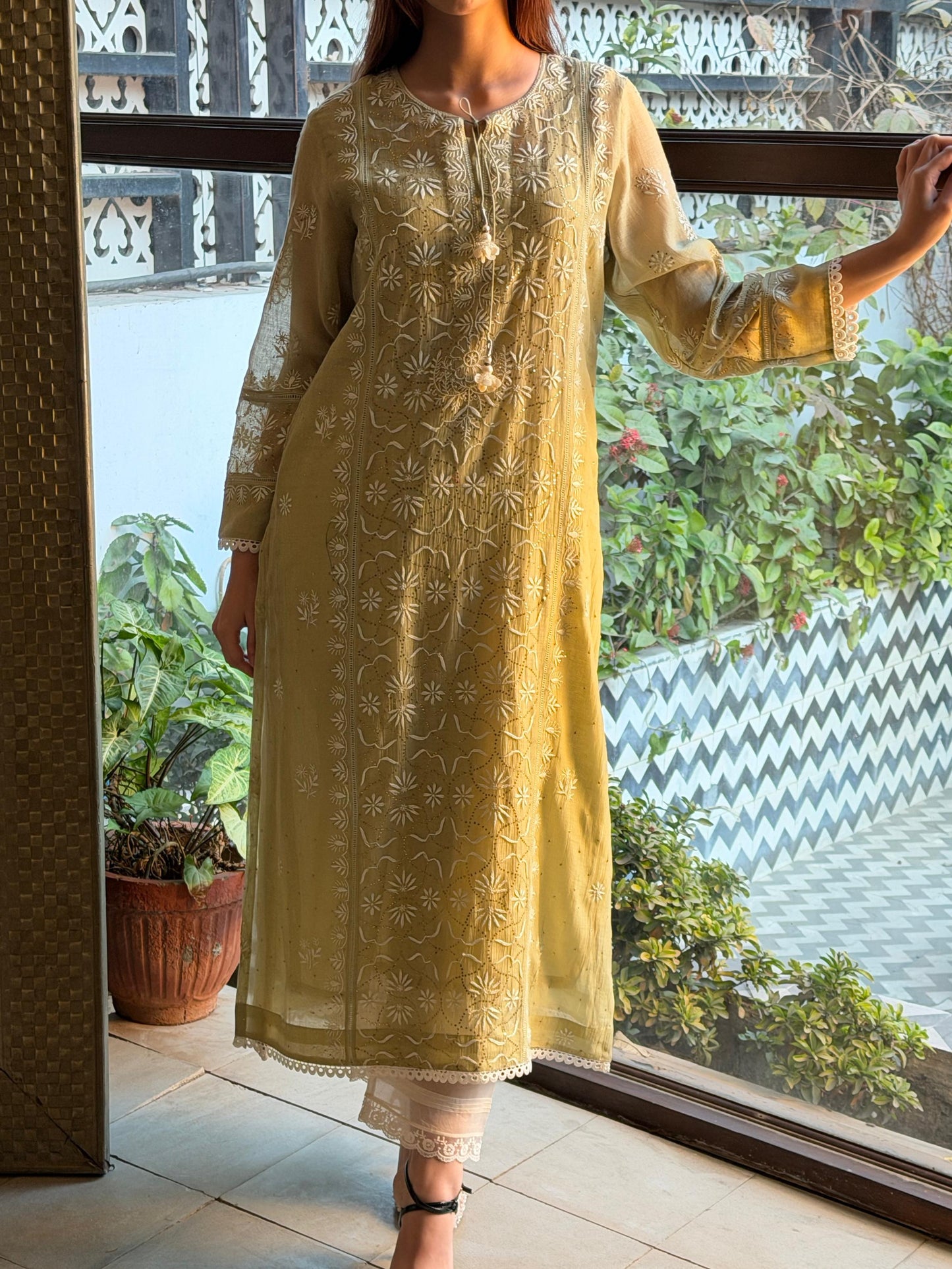 Olive Green Mul Chanderi Mukaish Kamdani Chikankari Stitched Kurta Dupatta Set