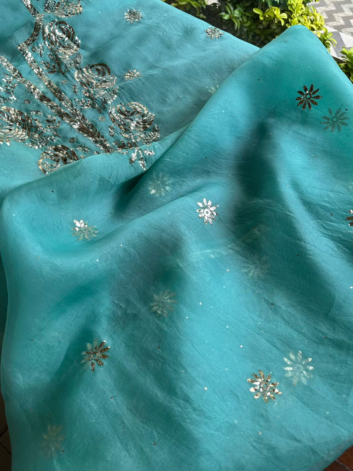 Aqua Mint Noor Organza Silk Mukaish Badla Unstitched Kurta Dupatta Set