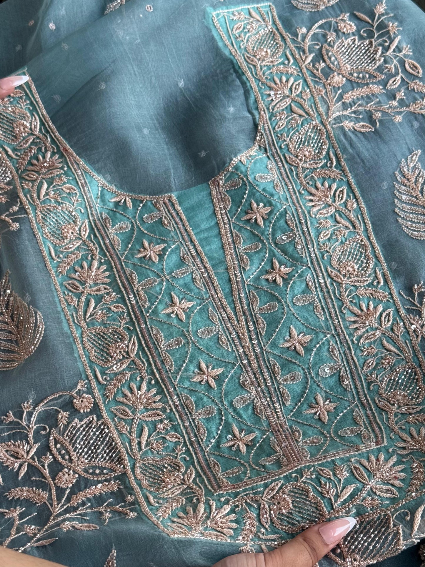 Pastel Shade Noor Organza Silk Chikankari Unstitched Kurta Dupatta Set
