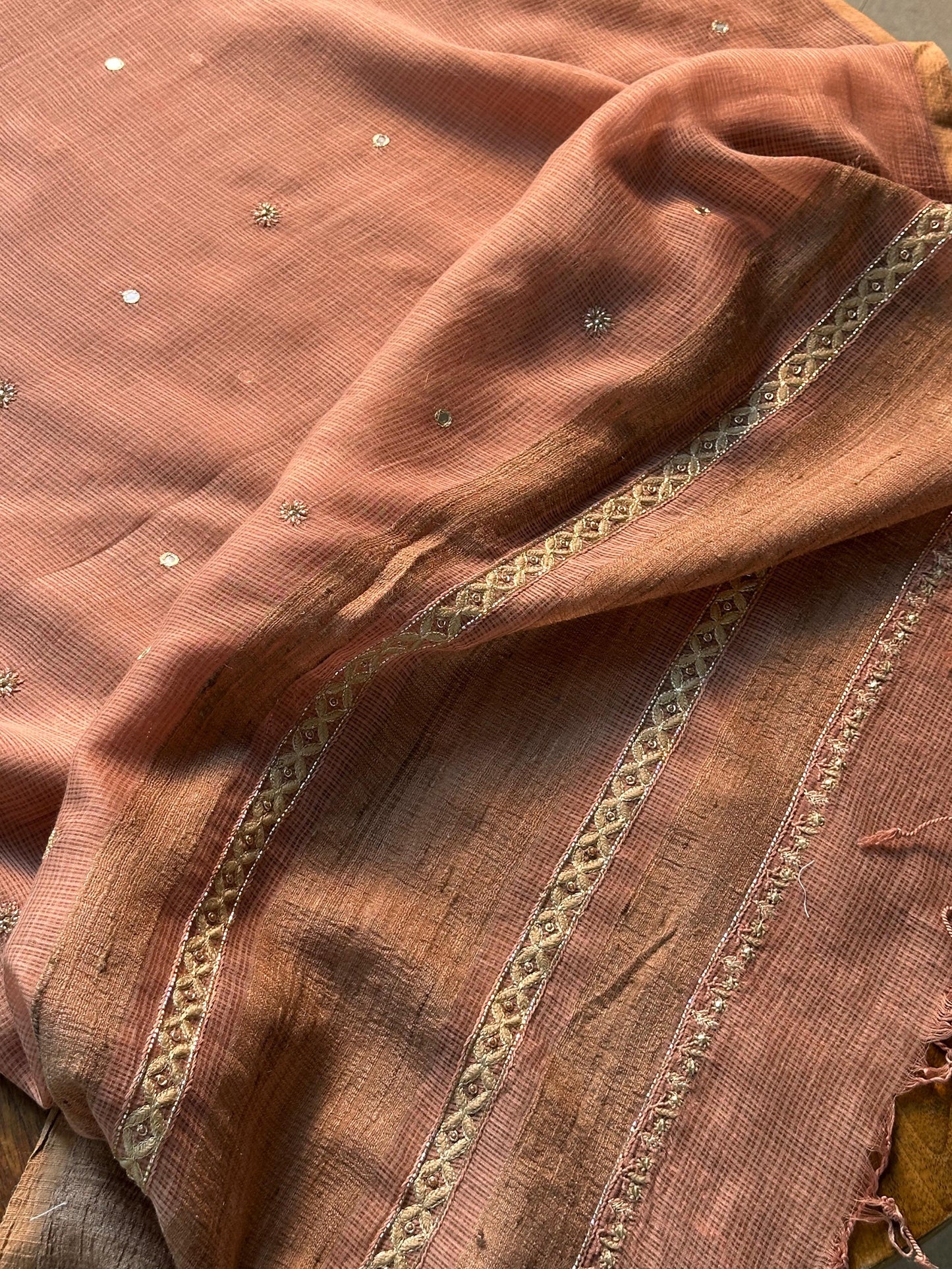 Old Rose Handloom Kota Chikankari With Mirror Work Unstitched Kurta Dupatta Set