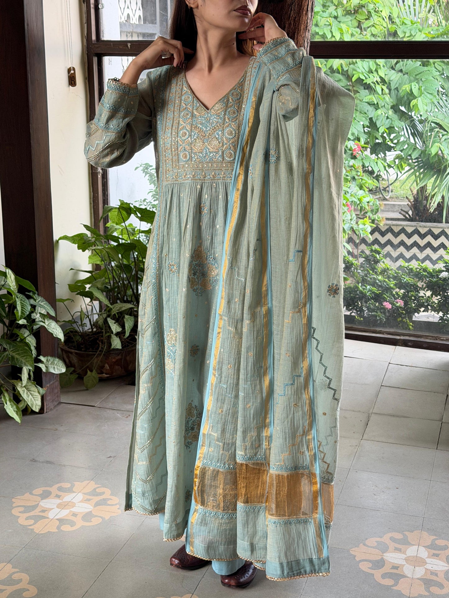 Cement Shade Tissue Silk Chikankari Bhopali Cut Kurta Dupatta Set