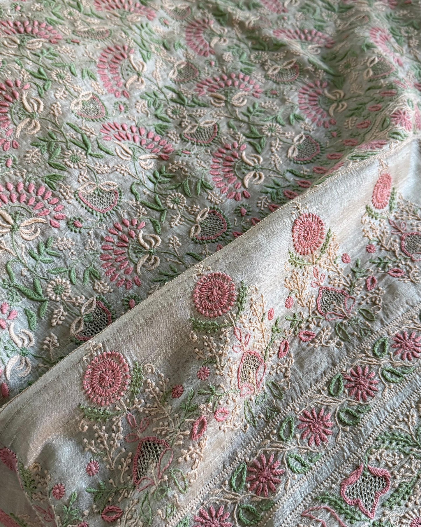 Natural Beige Tussar Silk Chikankari Fabric