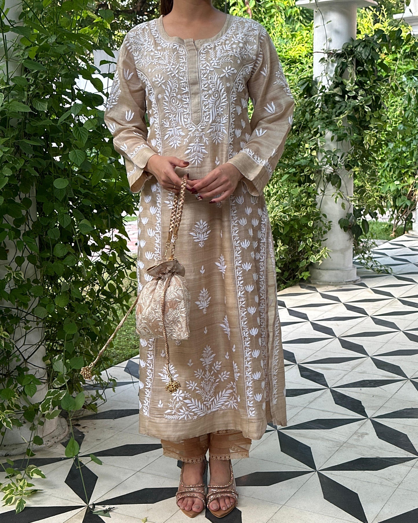 Natural Tussar Silk Chikankari Ready to Wear Kurta Dress