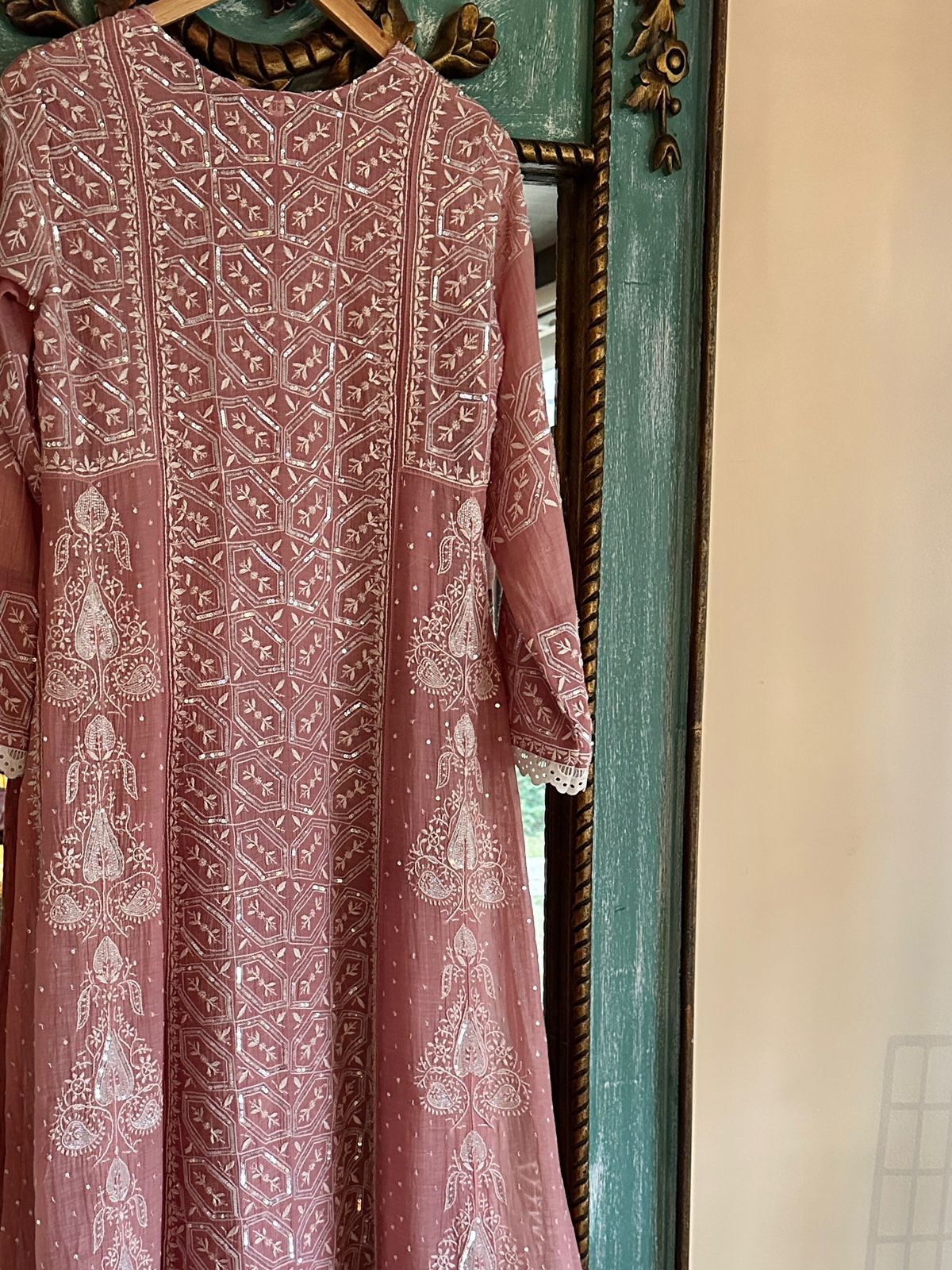 Soft Pink Mulmul Pearl White Chikankari Ready to Wear Kurta Set