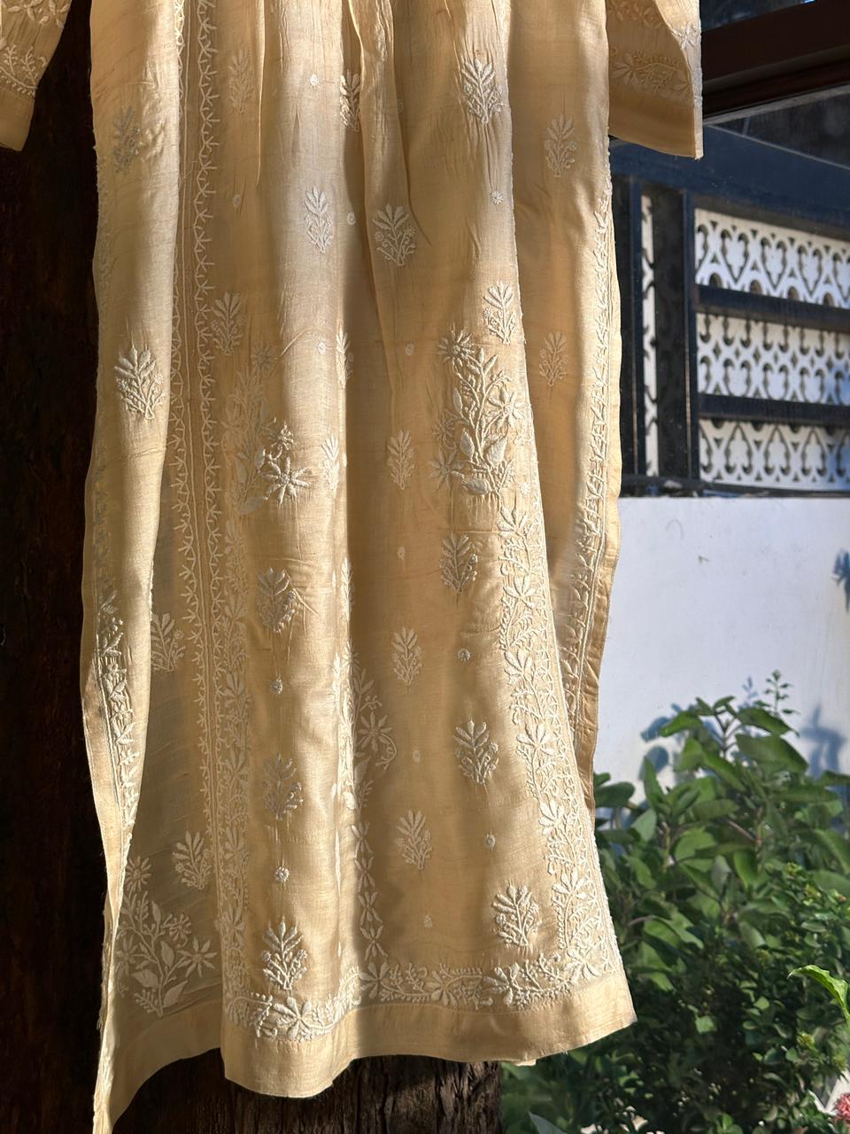 Natural Tussar Silk Chikankari Ready to Wear A Line Kurta