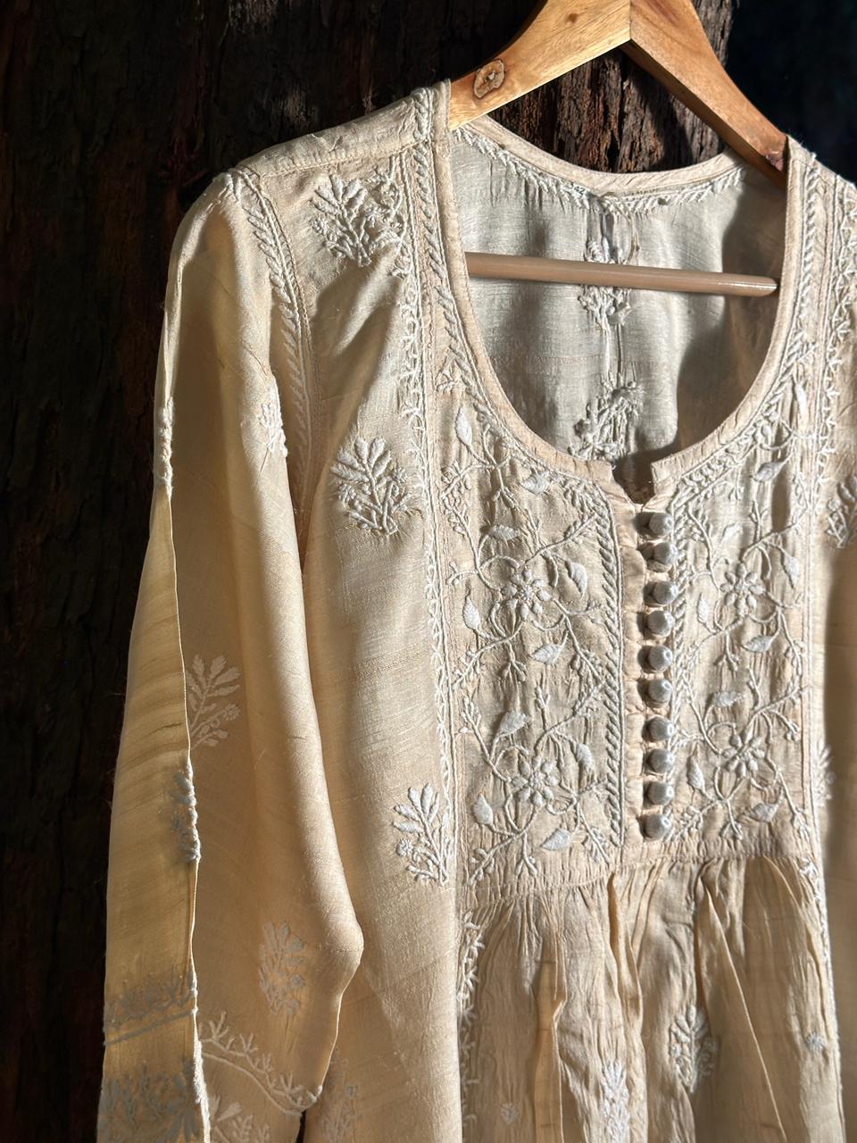 Natural Tussar Silk Chikankari Ready to Wear A Line Kurta