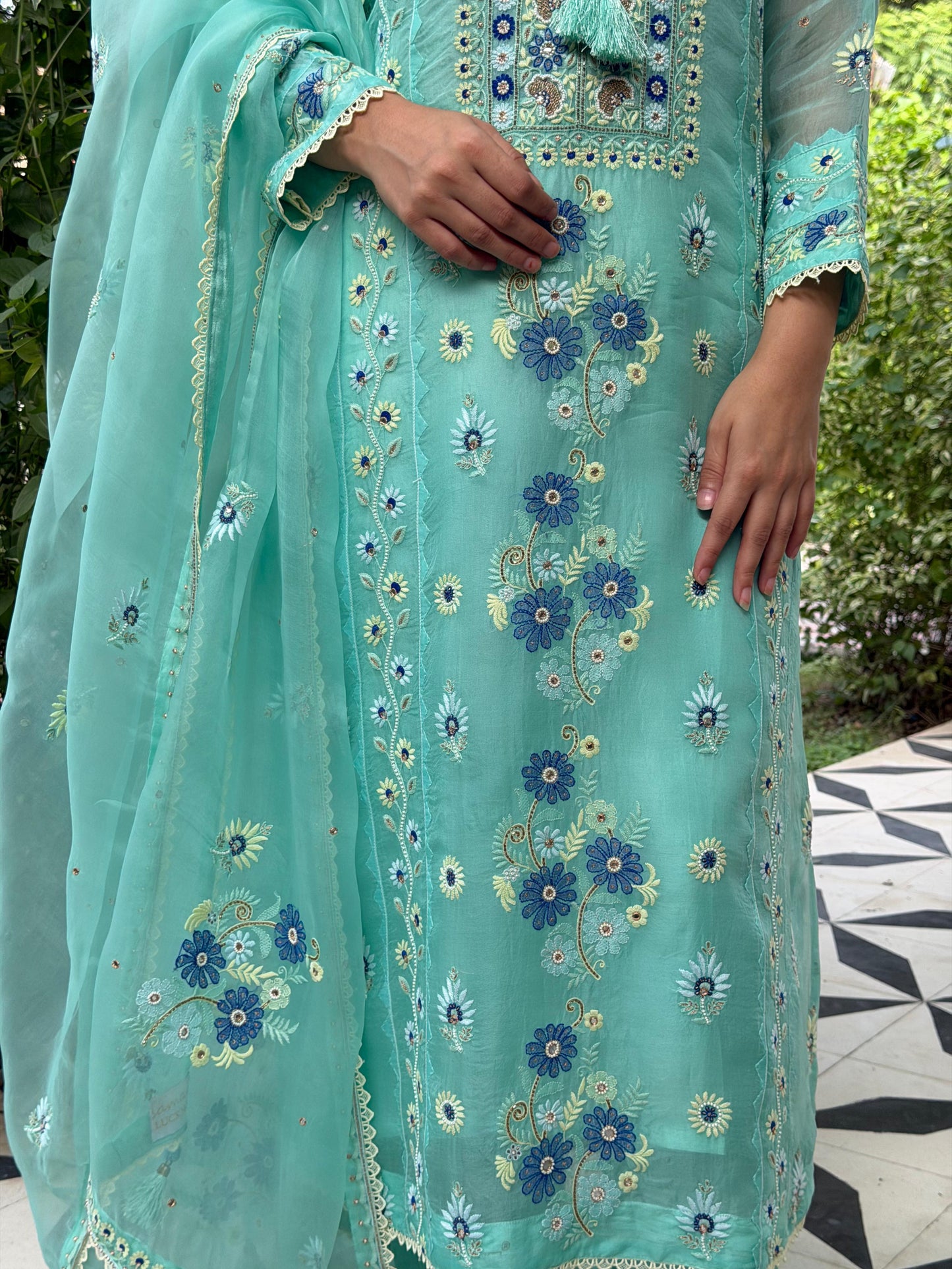 Blue Shade Noor Organza Silk Chikankari Straight Cut Kurta Dupatta Set