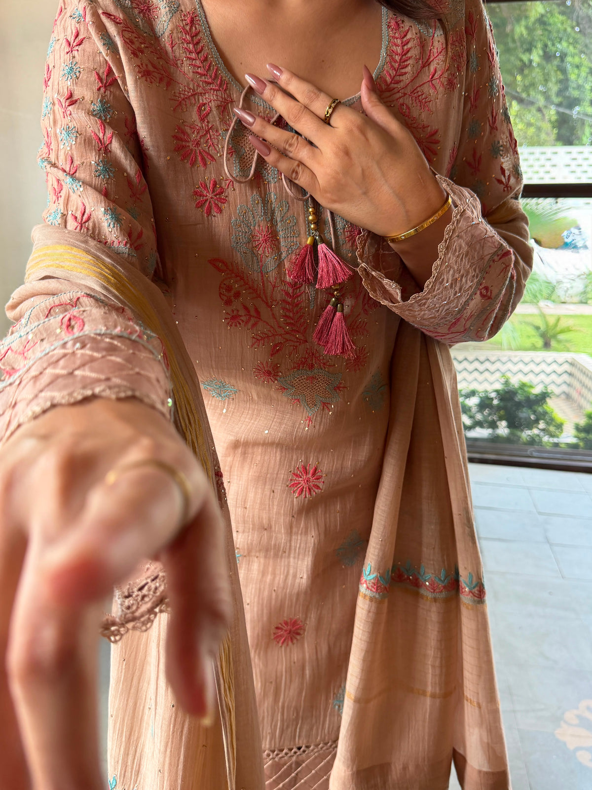 Nude Beige Mal Chanderi Farshi Chikankari Set
