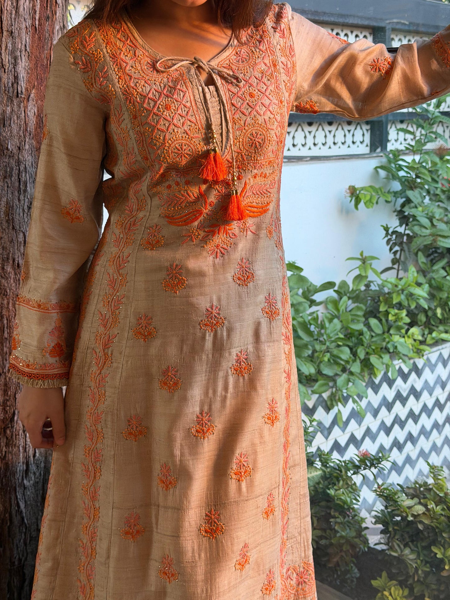 Basak Natural Tussar Silk Kalidar Chikankari Kurta Set