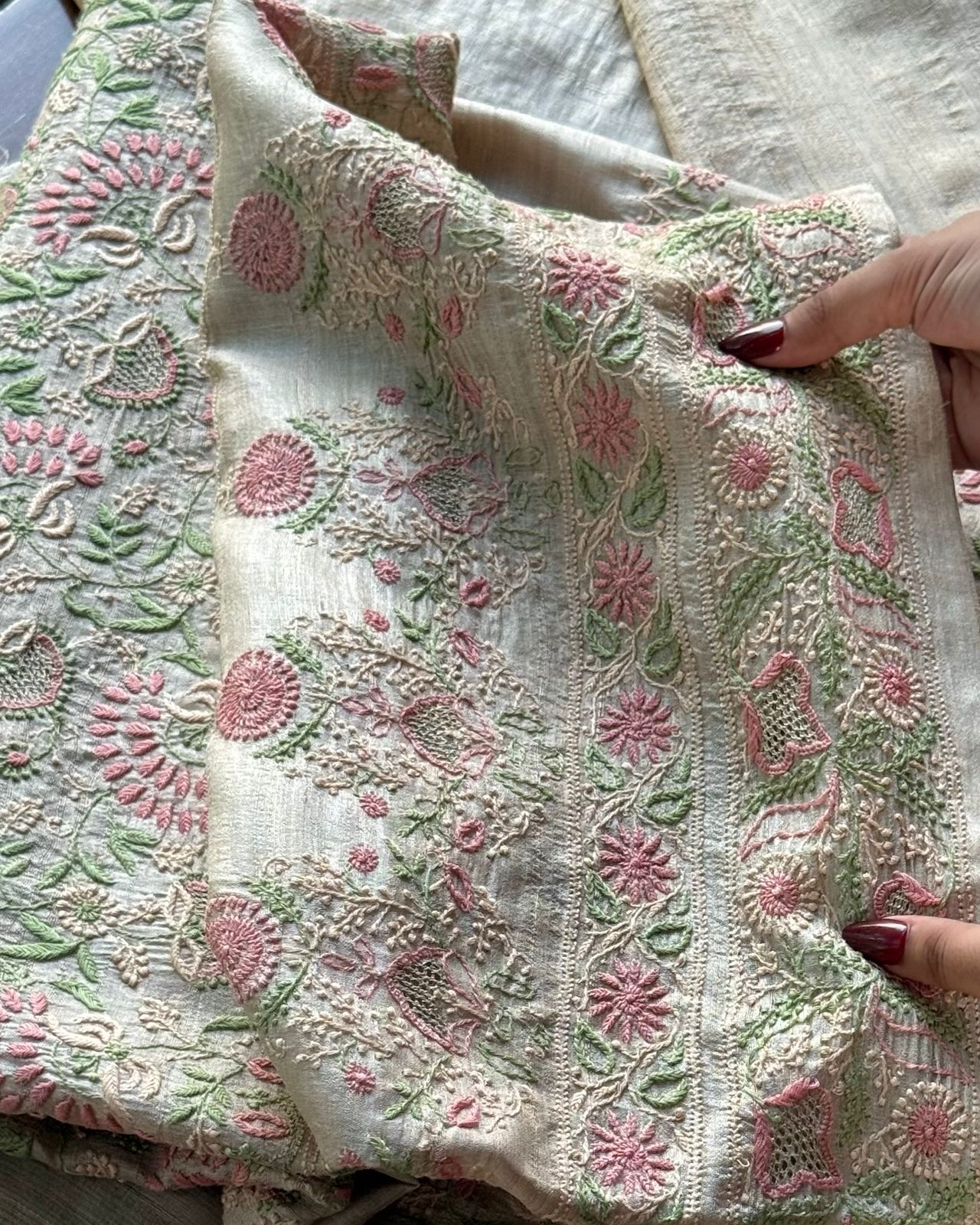 Natural Beige Tussar Silk Chikankari Fabric