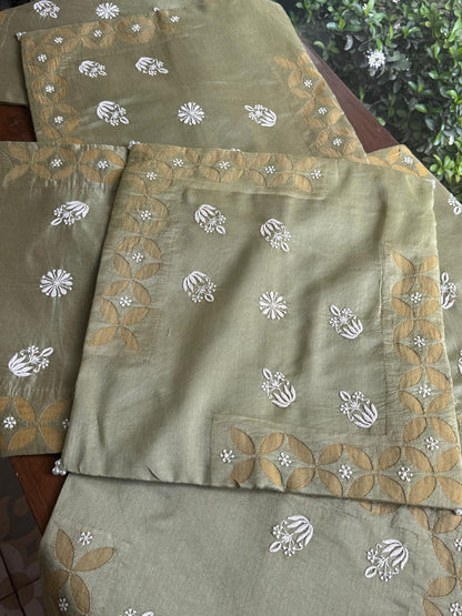 Sage Green Chanderi Cushion Cover with Floral Embroidery