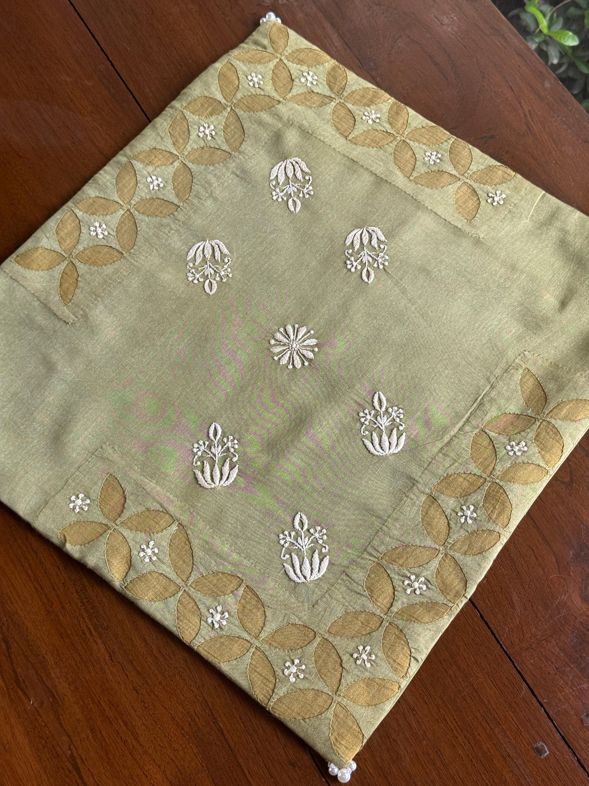 Sage Green Chanderi Cushion Cover with Floral Embroidery