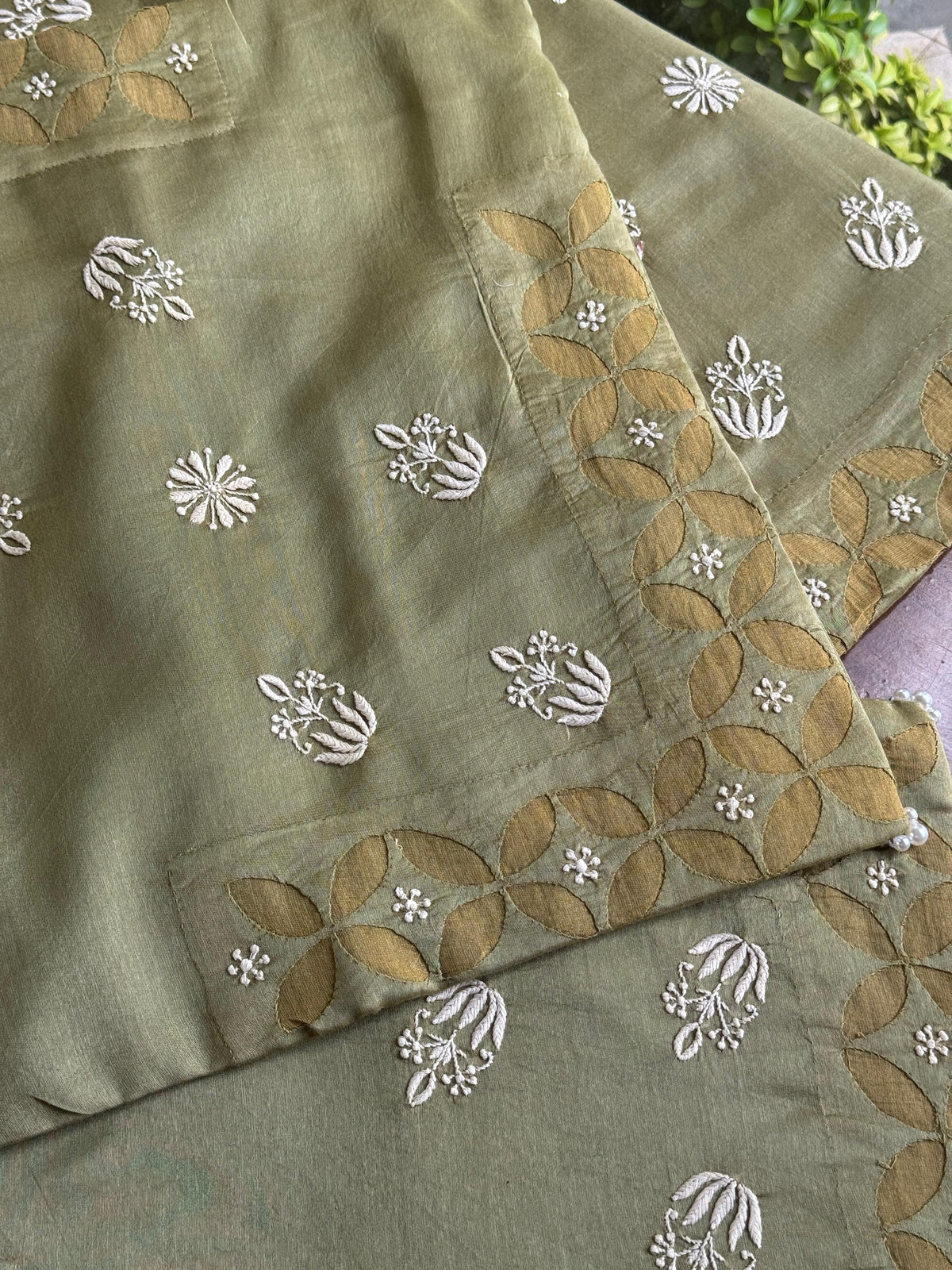 Sage Green Chanderi Cushion Cover with Floral Embroidery