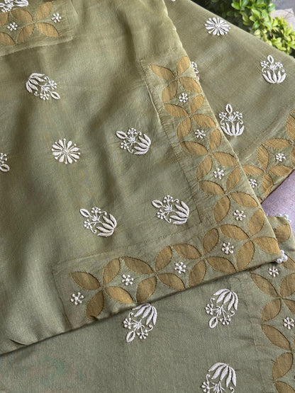 Sage Green Chanderi Cushion Cover with Floral Embroidery