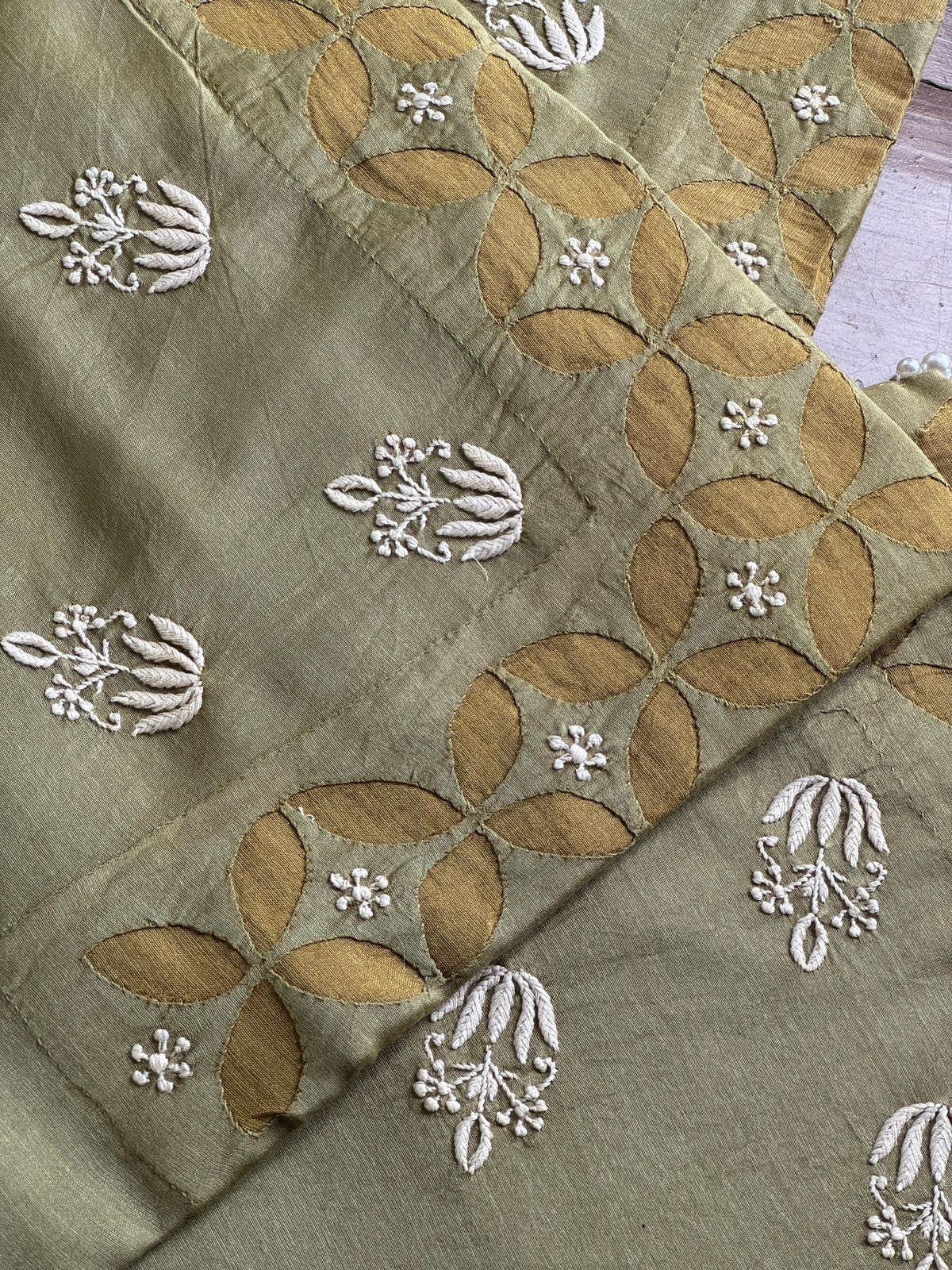 Sage Green Chanderi Cushion Cover with Floral Embroidery