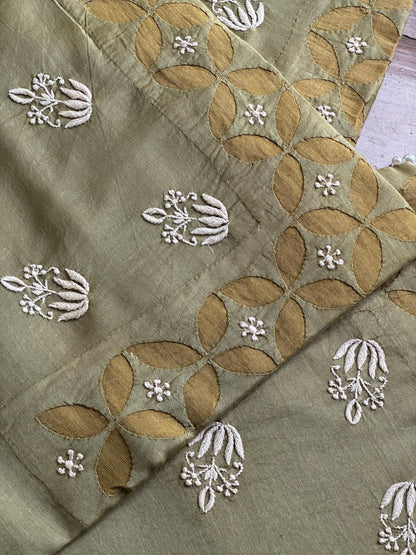 Sage Green Chanderi Cushion Cover with Floral Embroidery