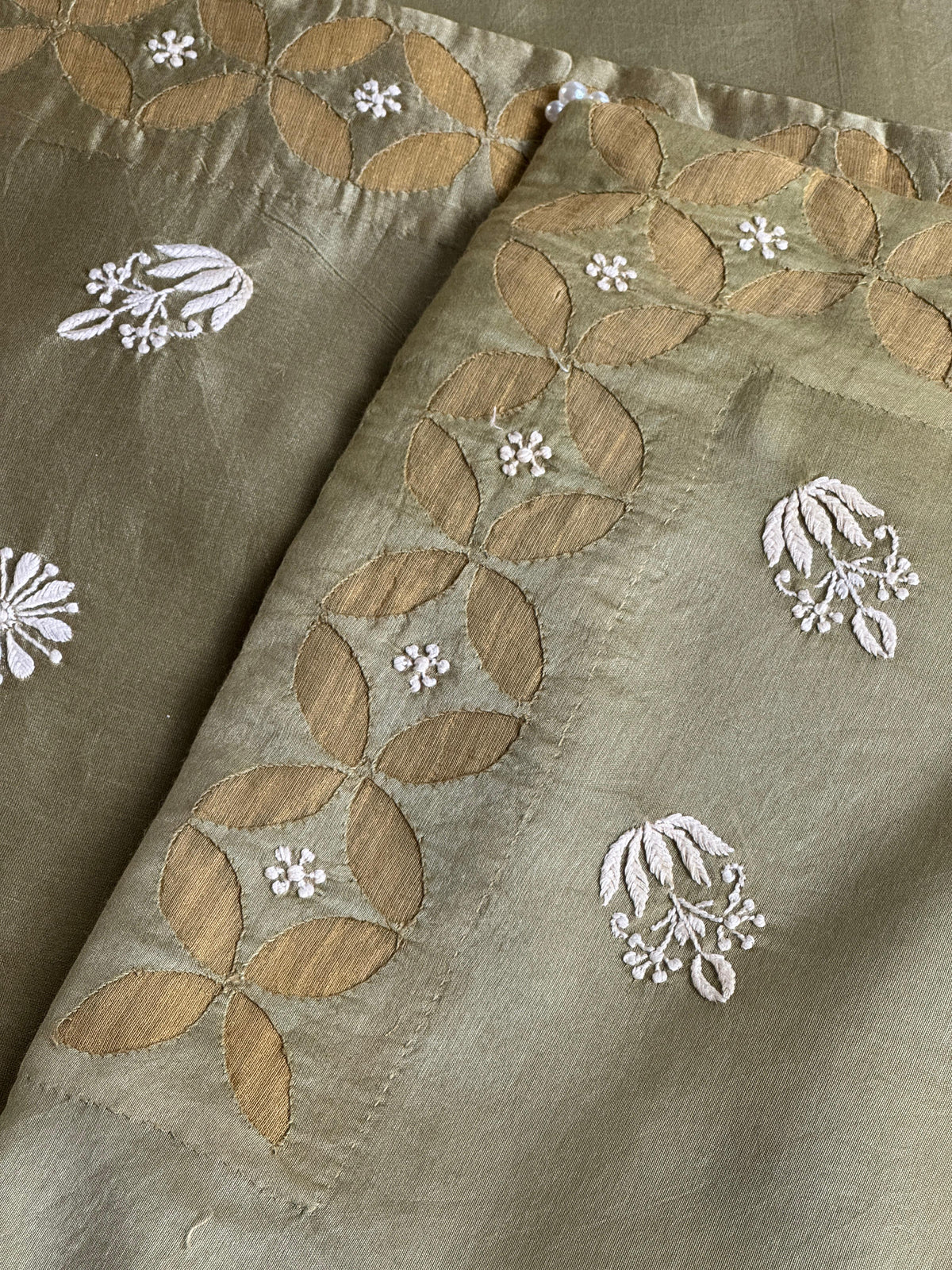 Sage Green Chanderi Cushion Cover with Floral Embroidery